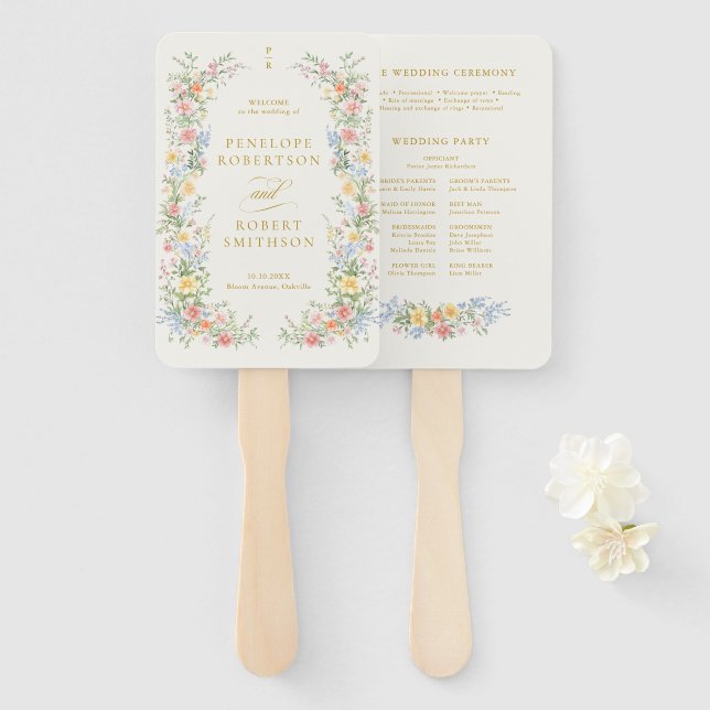 Leque Soft Pastel Ornate Spring Gold Wedding Program (Frente e Verso)