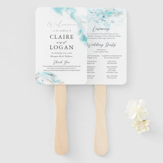 Leque Splashing Blue Waves Coastal Wedding Program