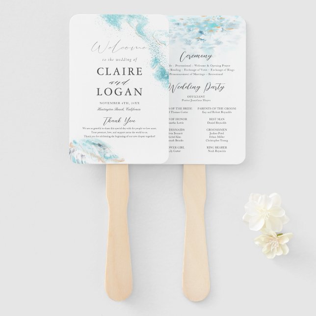 Leque Splashing Blue Waves Coastal Wedding Program (Frente e Verso)