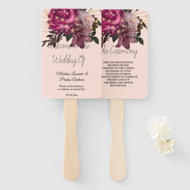 Leque String Lights Burgundy Flores De Mão De Casamento (Frente e Verso)