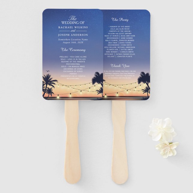 Leque Sunset Palm Beach String Lights Weding Program (Frente e Verso)