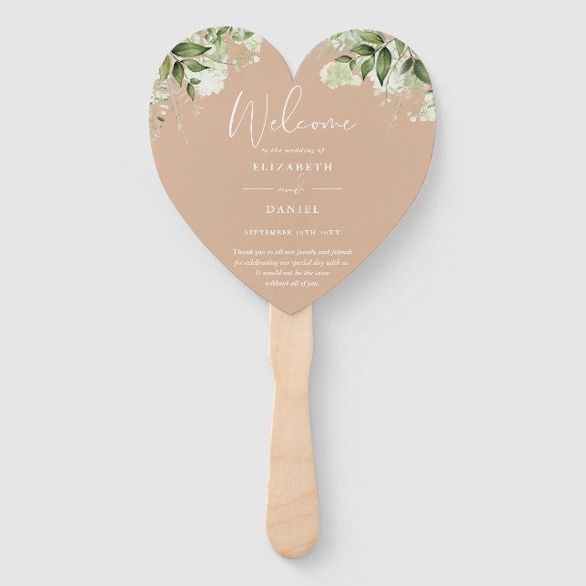 Leque Tan Greenery Wedding Program Heart (Frente)
