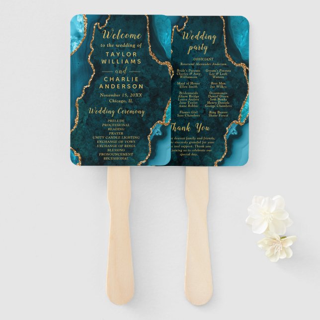 Leque Teal Blue and Gold Agate Wedding Program (Frente e Verso)