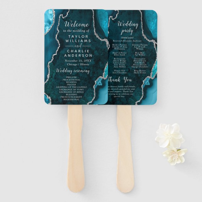 Leque Teal Blue and Silver Agate Wedding Program (Frente e Verso)