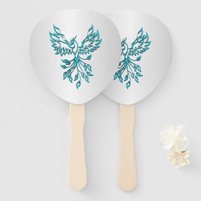 Leque Teal Blue Phoenix nasce em prata (Frente e Verso)