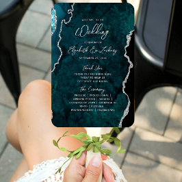 Leque Teal Blue Silver Agate Script Wedding Program