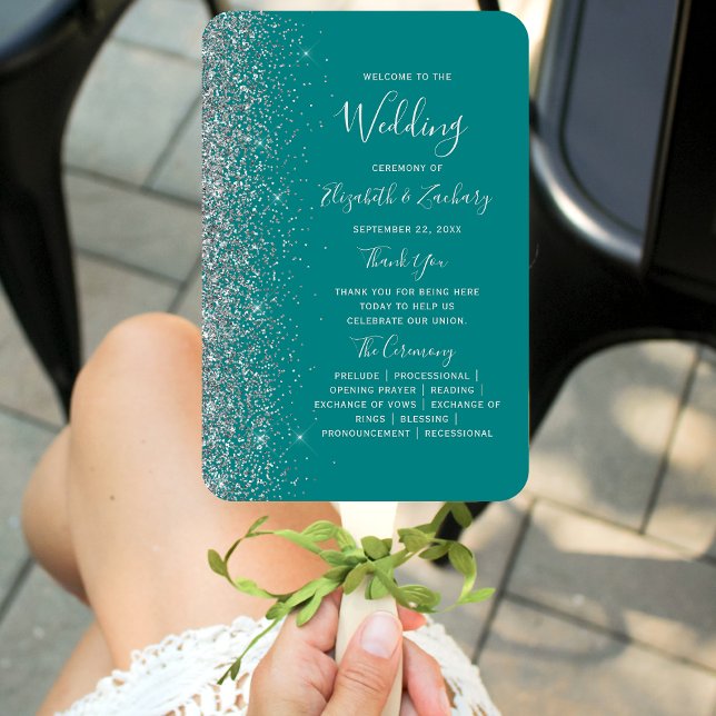 Leque Teal Blue Silver Glitter Edge Weding Program (Criador carregado)