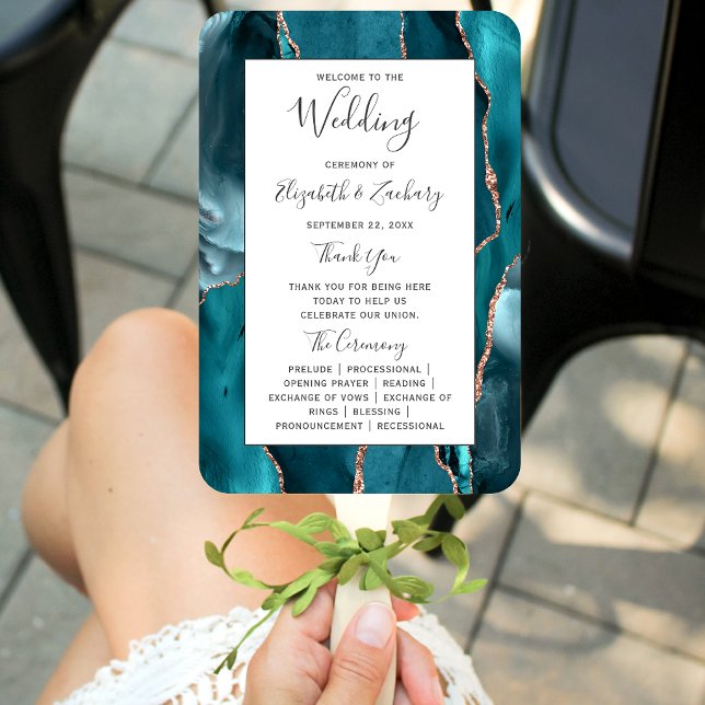 Leque Teal Rose Gold Agate White Wedding Program (Criador carregado)