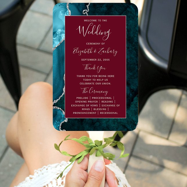 Leque Teal Silver Agate Burgundy Wedding Program (Criador carregado)
