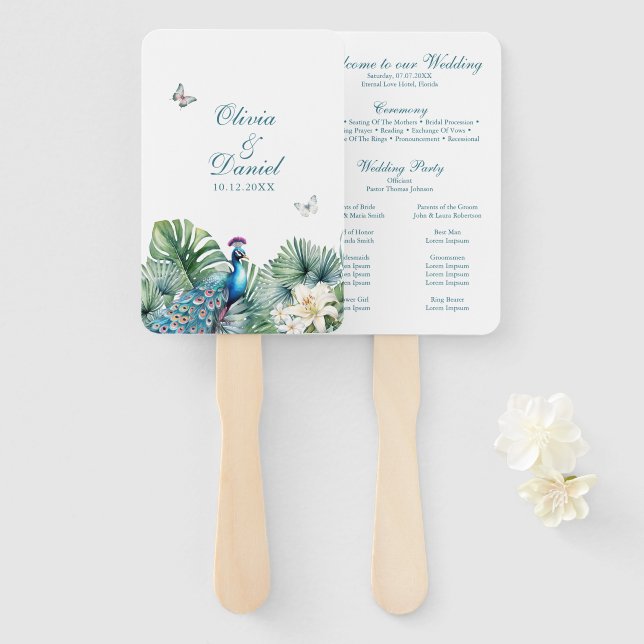 Leque Teal Tropical Flowers Peacock Wedding Program (Frente e Verso)