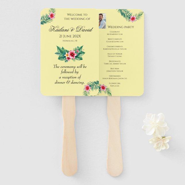 Leque Tema de casamento floral tropical (Frente e Verso)