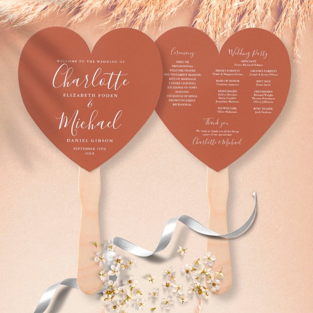 Leque Teracotta Chic Wedding Program Heart Hand Fan (Criador carregado)