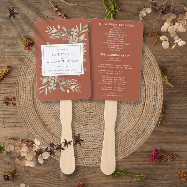 Leque Teracotta Greenery Fã do Programa de Casamento Mão (Terracotta Greenery Wedding Program Hand Fan)
