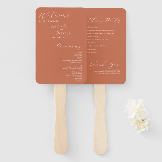 Leque Terracotta Elegant Script Wedding Program (Frente e Verso)