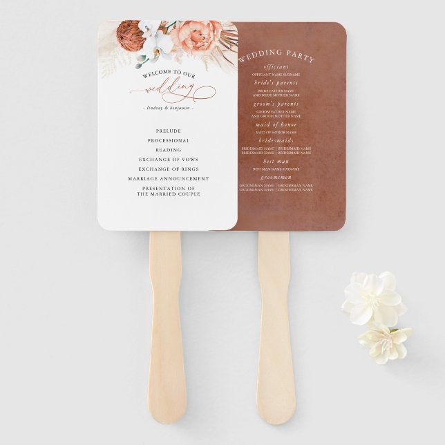 Leque Terracotta Floral Wedding Program (Frente e Verso)