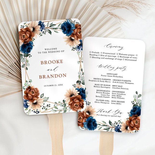 Leque Terracotta Marinho Blue Greenery Casamento Geométr (Terracotta Navy Blue Greenery Wedding Program Hand Fan)