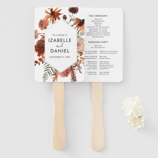 Leque Terracotta Wedding Floral Rustic Program Fan (Frente e Verso)