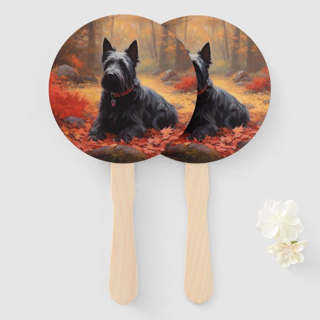 Leque Terrier Escocês no Outono Folhas Caem Inspire  (Frente e Verso)