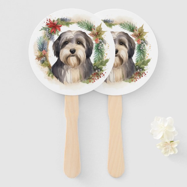 Leque Tibetano Terrier Christmas Wreath Festivo Pup (Frente e Verso)