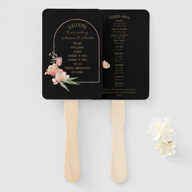 Leque Tulipas de Primavera laranja no ventilador preto d (Frente e Verso)