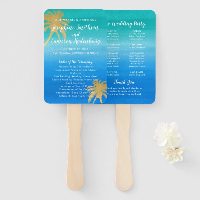 Leque Turquesa Blue Watercolor Palm Tree Beach Weding (Frente e Verso)