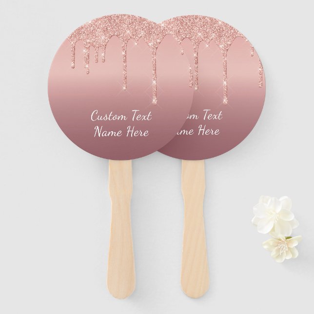 Leque Vantais de Mão com Purpurina Dourado Rosa Personal (Frente e Verso)