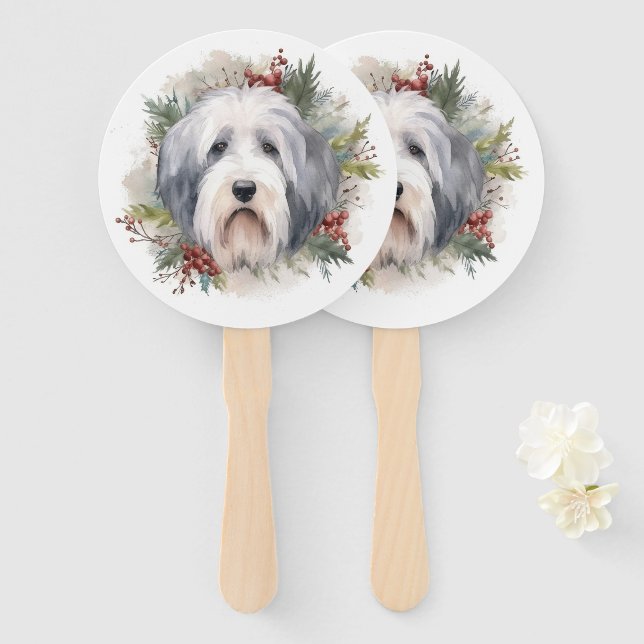 Leque Velha Inglês Sheepdog Christmas Wreath Festivo Pup (Frente e Verso)