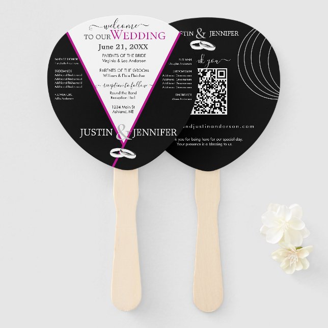 Leque Ventilador da Mão Preto de Casamento Rosa (Frente e Verso)
