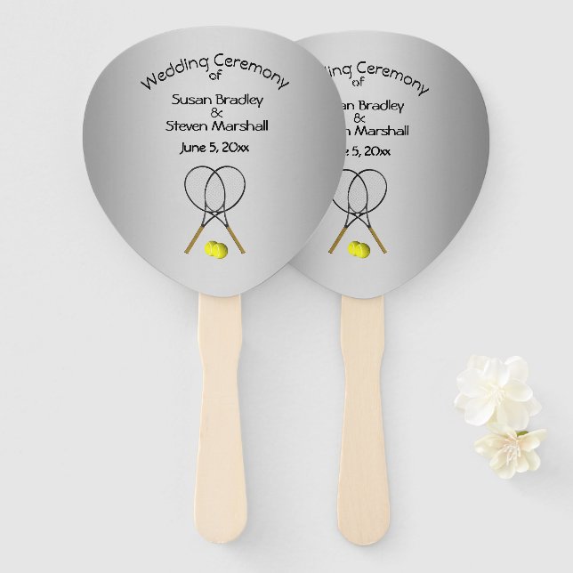 Leque Ventilador da Mão Silver de Casamento do Tema têni (Frente e Verso)