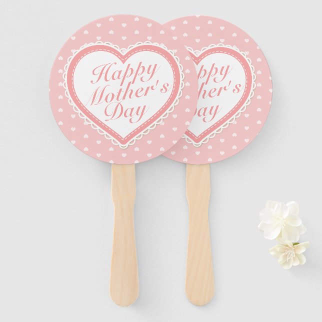 Leque Ventilador de Mão de Coração Rosa de Dia de as mãe (Frente e Verso)