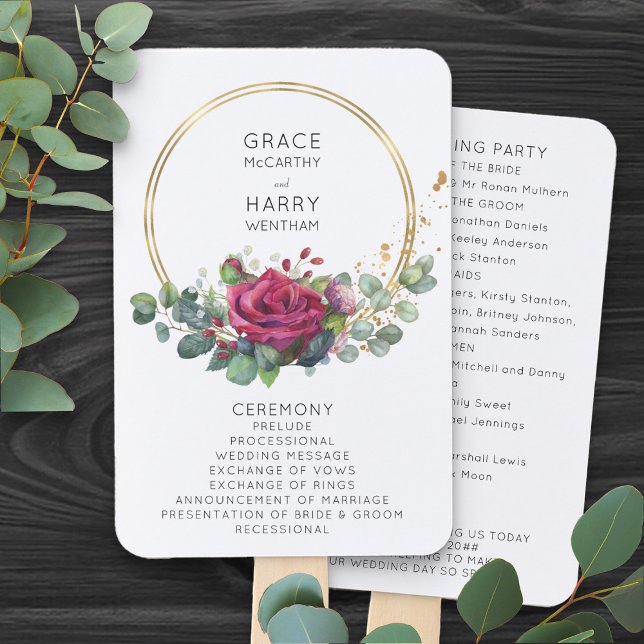 Leque Ventilador de Mão do Programa de Casamento de rosa (Romantic floral wedding program fans from my Red Rose and Eucalyptus Wedding Collection)