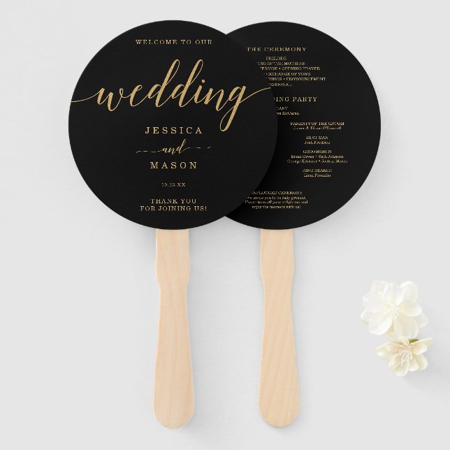 Leque Ventilador de Mão Redonda Mínima Dourada Elegante (Frente e Verso)