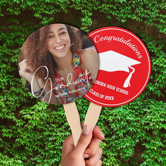 Leque Ventilador de Mão Vermelha de Foto do Formando Mod (Keep cool on graduation day or at your party with these photo double-sided hand fans.)