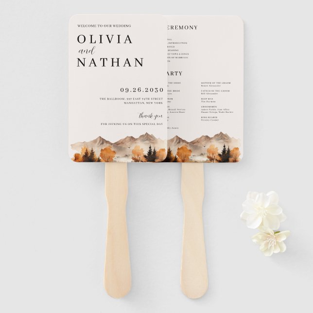 Leque Ventilador do Programa de Casamento de Montanha em (Frente e Verso)