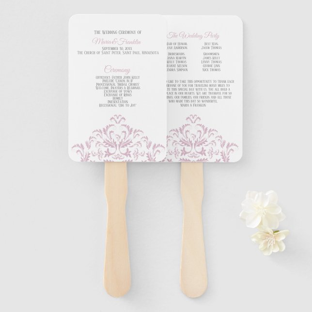 Leque Ventilador do programa de Casamento tema damasco e (Frente e Verso)