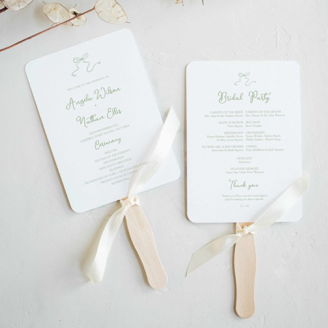 Leque Ventilador do Programa de Casamento Verde do Whims (sage green bow wedding program fan with bridal party hand written ceremony and hand drawn bow )