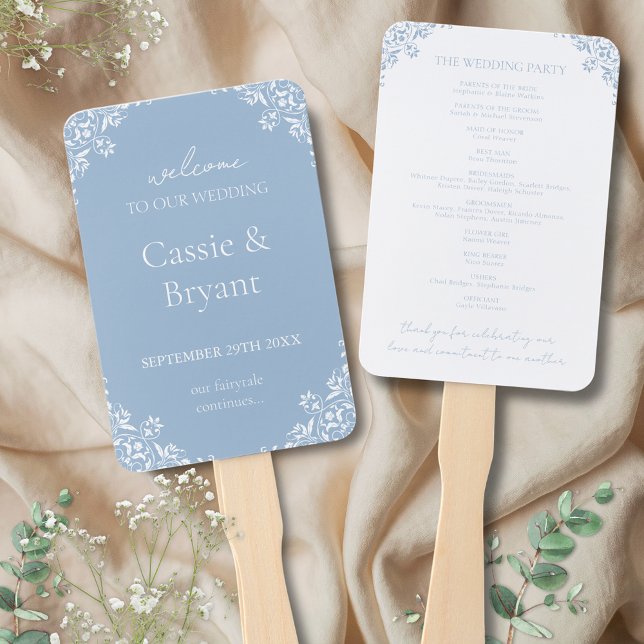 Leque Ventilador do Programa Elegante de Casamento vinta (Vintage dusty blue and white romantic vintage wedding program fans for bridgerton old money theme)
