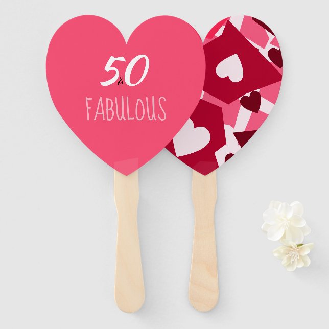 Leque Ventiladores com forma de coração com 50 e Festa d (Frente e Verso)