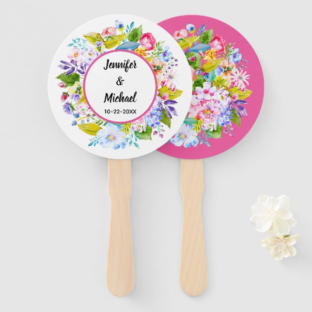 Leque Ventiladores convidados de casamento cor-de-rosa m (Frente e Verso)