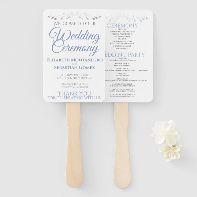 Leque Ventiladores de Casamento Elegante Azul e Cinza co (Frente e Verso)