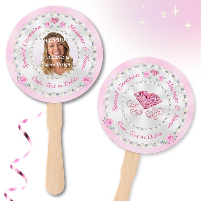 Leque Ventiladores de Mão Rosa, Ventiladores de Mão Pers (Personalized photo hand fans. Pink paper fans on stick. Soft pink birthday party ideas. Pink party.)