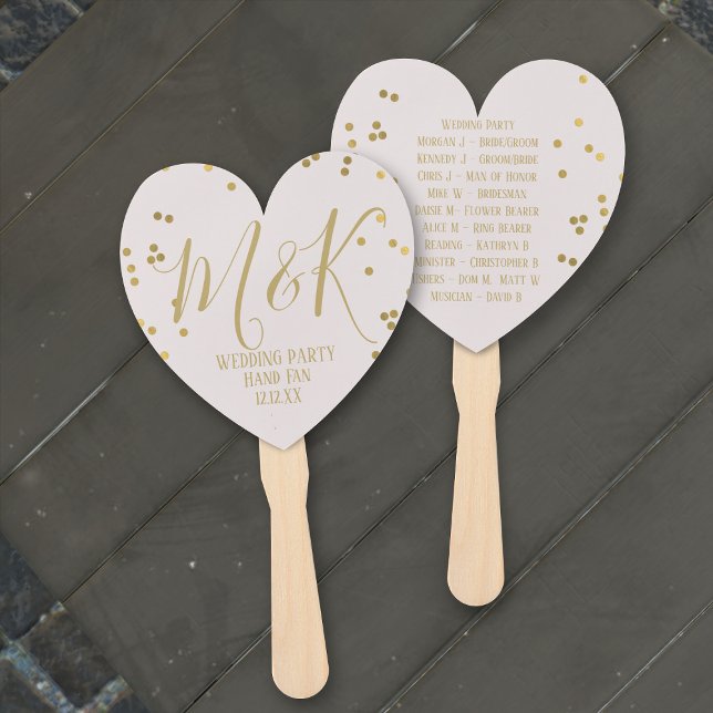 Leque Ventiladores Dourados da Festa de casamento de Blu (Gold Confetti on Blue Pink Wedding Program Hand Fans with space for your details)