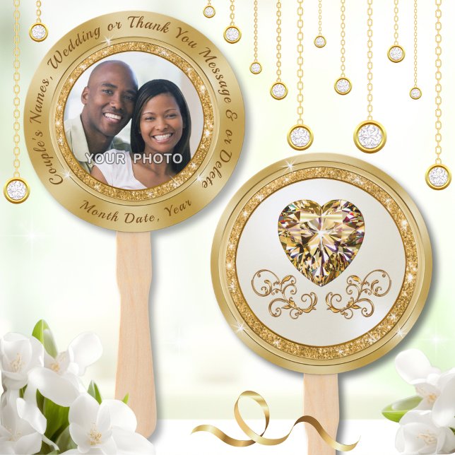 Leque Ventiladores personalizados para casamento com FOT (Personalised Fans for Wedding. Gold, Ivory and Champagne, Wedding Paddle Fans. Wedding Photo Favors.)