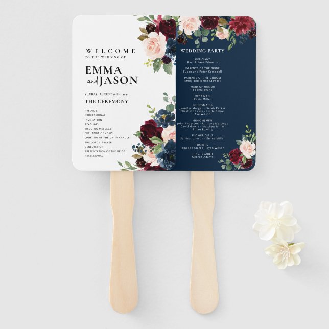 Leque Ventoínha de Programa de Casamento Floral Boho Bur (Frente e Verso)