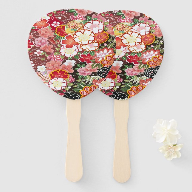 Leque Vermelho Branco Floral de Flor Japonês (Frente e Verso)
