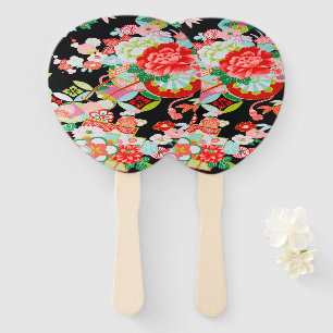 Leque Vintage Black Red Japonês Kimono Flor