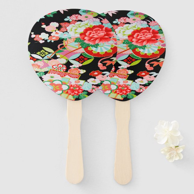 Leque Vintage Black Red Japonês Kimono Flor (Frente e Verso)