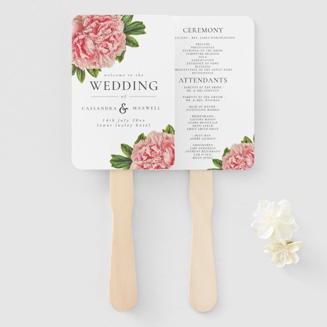 Leque Vintage Botanical Pink Peonies Weding Program (Frente e Verso)