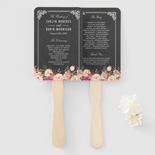 Leque Vintage Chalkboard Rustic Floral Wedment Program (Frente e Verso)