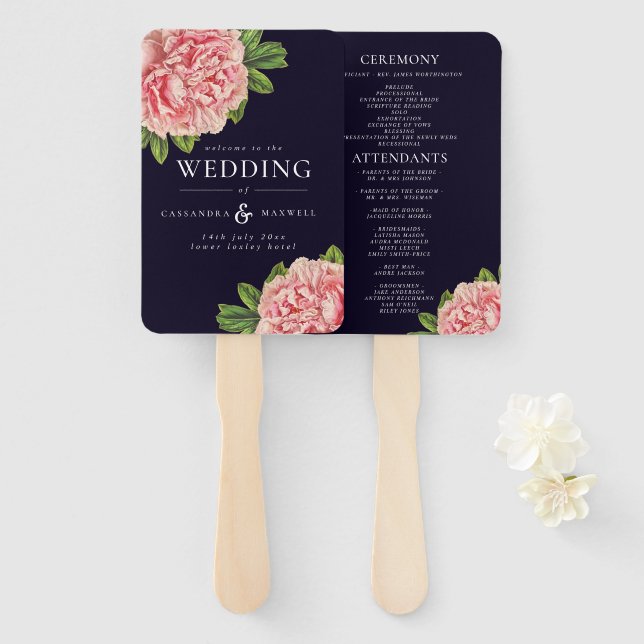 Leque Vintage Peonies Pink & Marinho Weding Program (Frente e Verso)